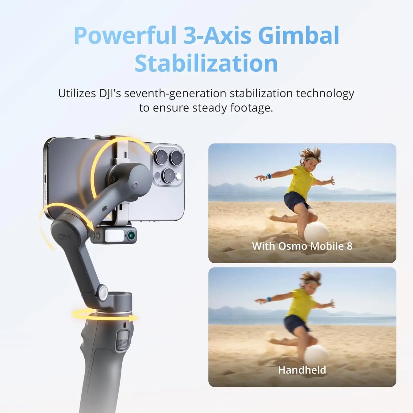 DJI Osmo Mobile 8 gimbal stabilizer for phones with AI tracking and lighting