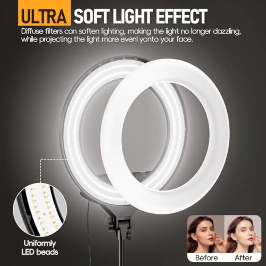 18-inch Ring Light with Stand, 2800-6500K LED Photography Lighting Kit with Phone Holder, Selfie Light for Vlog Live Streaming