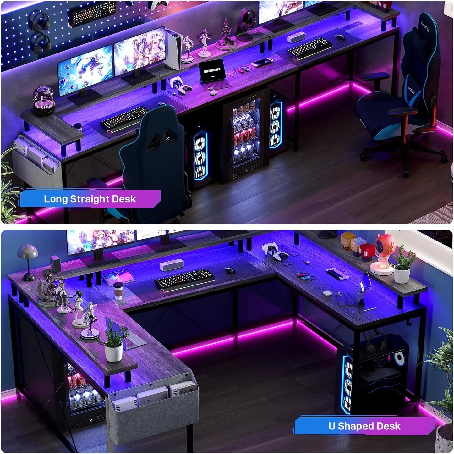 U Shaped Gaming Desk with Monitor Stand Storage Shelves, Corner Computer Desk with 2 Power Outlet Adjustable RGB Color LED Light