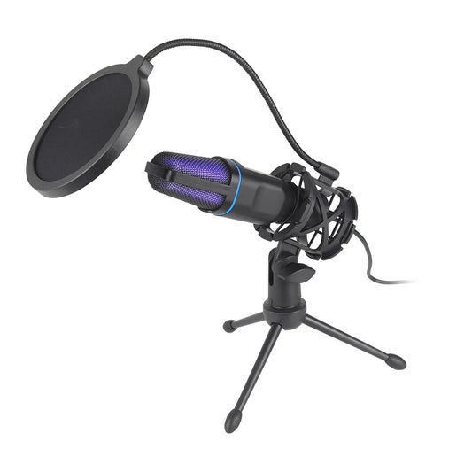 USB condenser microphone with pop filter on a tripod stand, RGB-lit mic by Perfect Take Gear