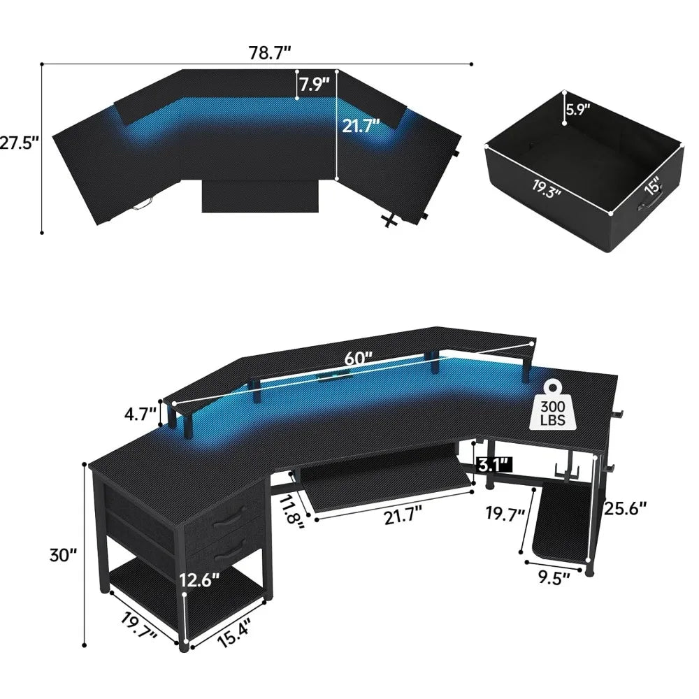 79" Gaming Desk, Computer Desk with 2 Fabric Drawers & LED Light, L Shaped Gaming Desk with Storage Shelf for Home, Customized