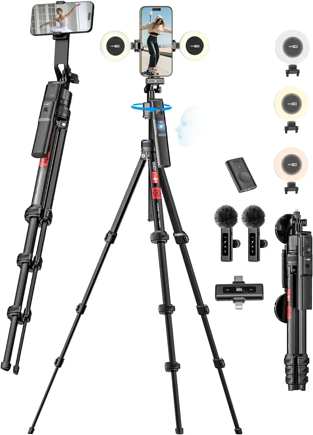 Vlogging Kit with Remote, Auto Face Tracking Tripod for iPhone, Wireless Lavalier Microphone, YouTube Starter Kit