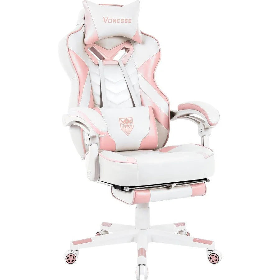 Pink Gaming Chair for AdultsGirls Computer Chair with High Back Big and Tall Gaming Chairs with Footrest and Massage Reclining