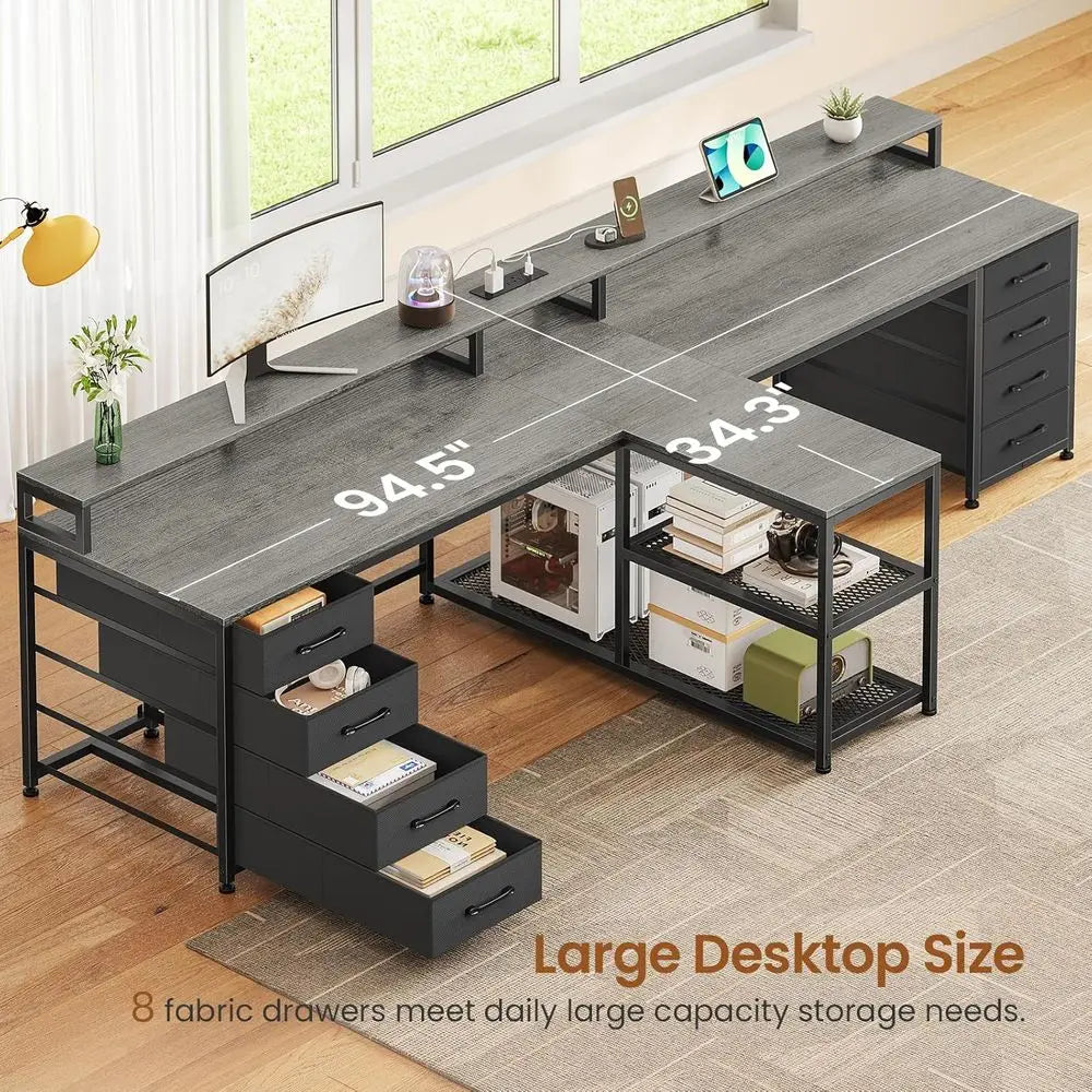 94.5-inch L-shaped gaming and home office desk with LED lights, gray woodgrain top, black metal frame, 8 fabric drawers