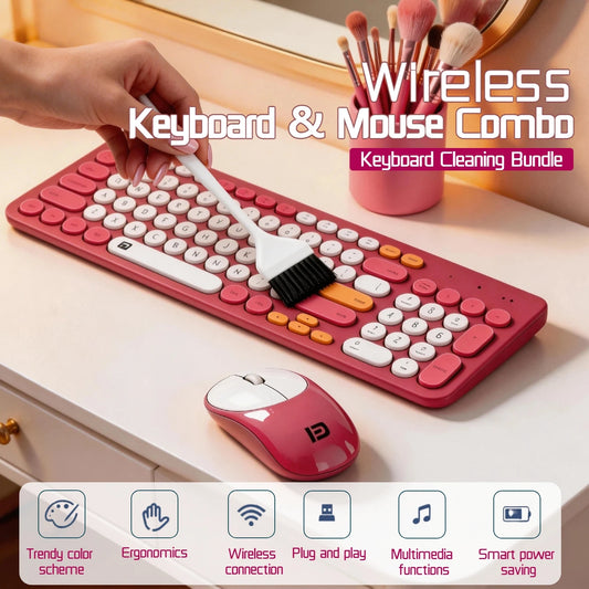 Retro Typewriter Keyboard and Mouse Combo Wireless 96 Key Round Keycap Keyboard 2.4G Aesthetic Cute Mechanical Feel with Cleaning Brush for Office Home Gaming Study Desk Setup Pink Green Multi Color