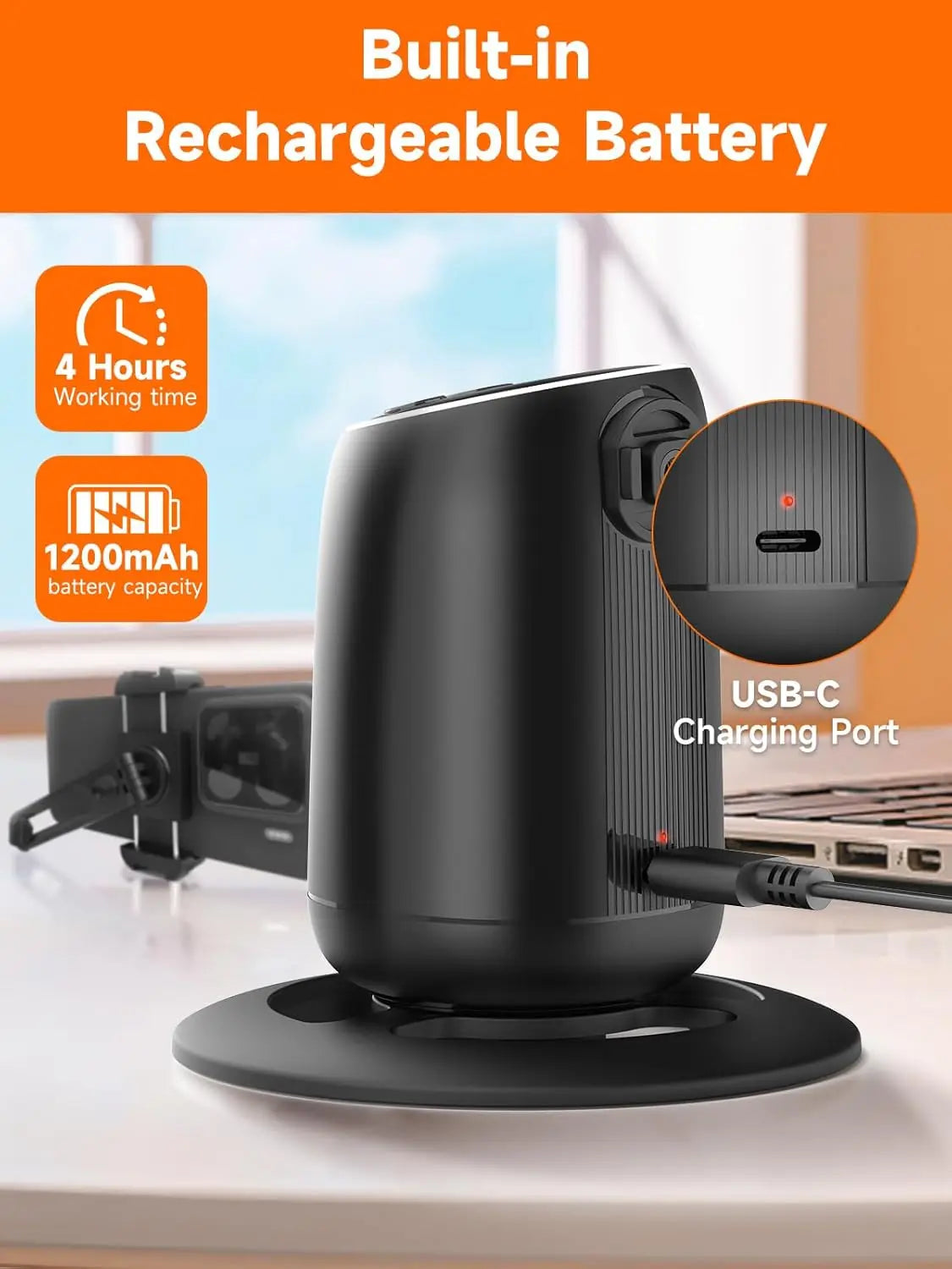 Rollei Auto Face-Tracking Phone Tripod Stand, black with built-in rechargeable battery and USB-C port