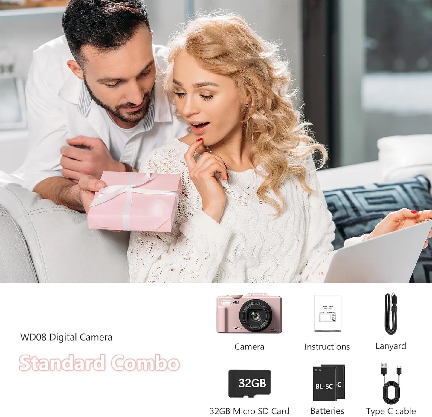 Pink 64MP Photo Capture 4K Digital Camera, 180° Flip Screen Vlogging Camera, WiFi-Enabled Compact Point-and-Shoot with 32GB Memory Card, Easy to Use for Beginners and Travelers,