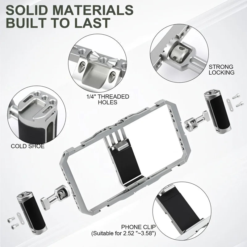 [Universal Phone Cage] Universal Smartphone Video Rig Kit with Handles | Handheld Filmmaking Stabilizer for Vlogging and Videography - Compatible with Most iPhone and Android Phones