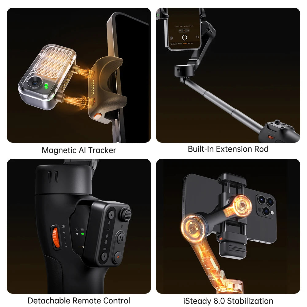 Hohem V3 Smartphone Stabilizer Ai Face Tracking 3-Axis Phone Gimbal Built-in Selfie Stick Portable for Shoot Video Vlog