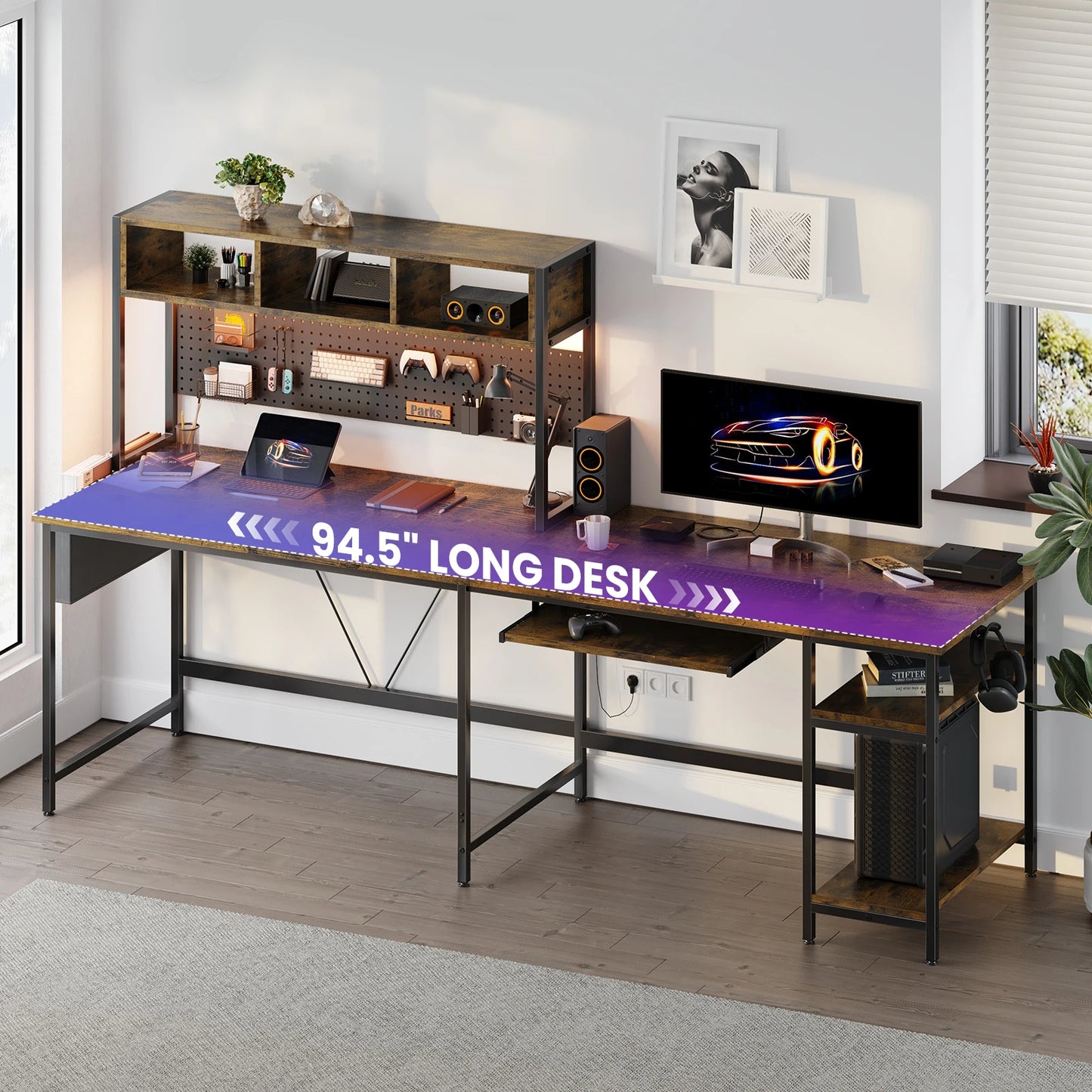 JHK 67-inch L-shaped gaming desk with LED lighting, keyboard tray, pegboard storage on a metal frame