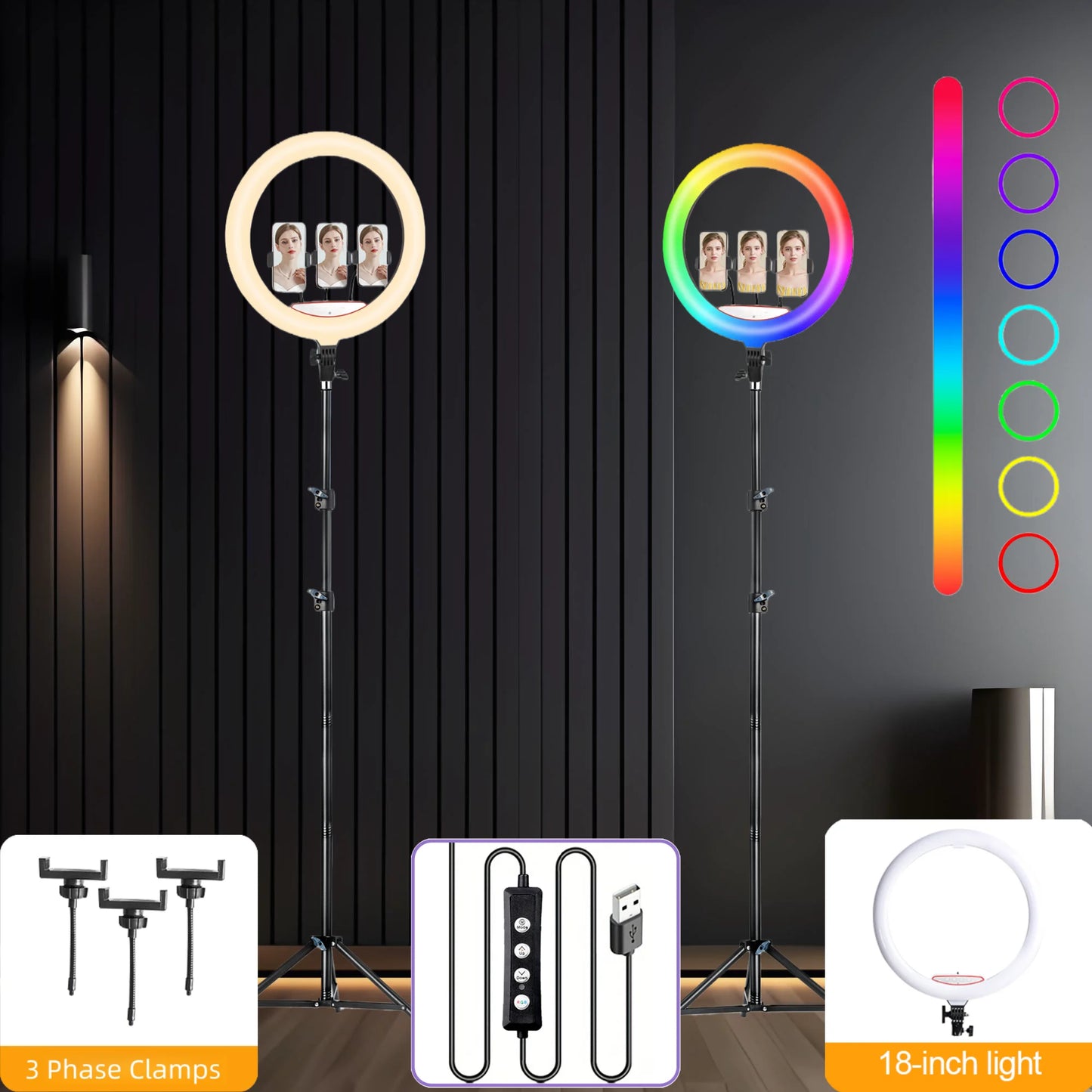 Professional 18 Inch Ring Light Kit - 1.86m Collapsible Tripod with 3 Adjustable Phone Holders, RGB Lighting Modes, Perfect for Portrait Photography/Videos/Online Teaching