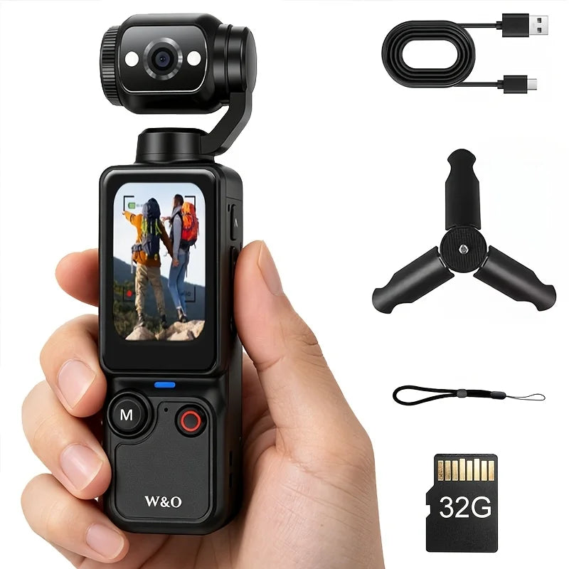 Ultra HD 4K Sports Camcorder, Ultra Light Body for Travel & Vlog, Comes with 32GB Memory Card and Tripod, Anti-Shock Stabilization, 180° Adjustable Flip Screen, Auto Focus, 2000mAh Rechargeable Battery *Ships From US*