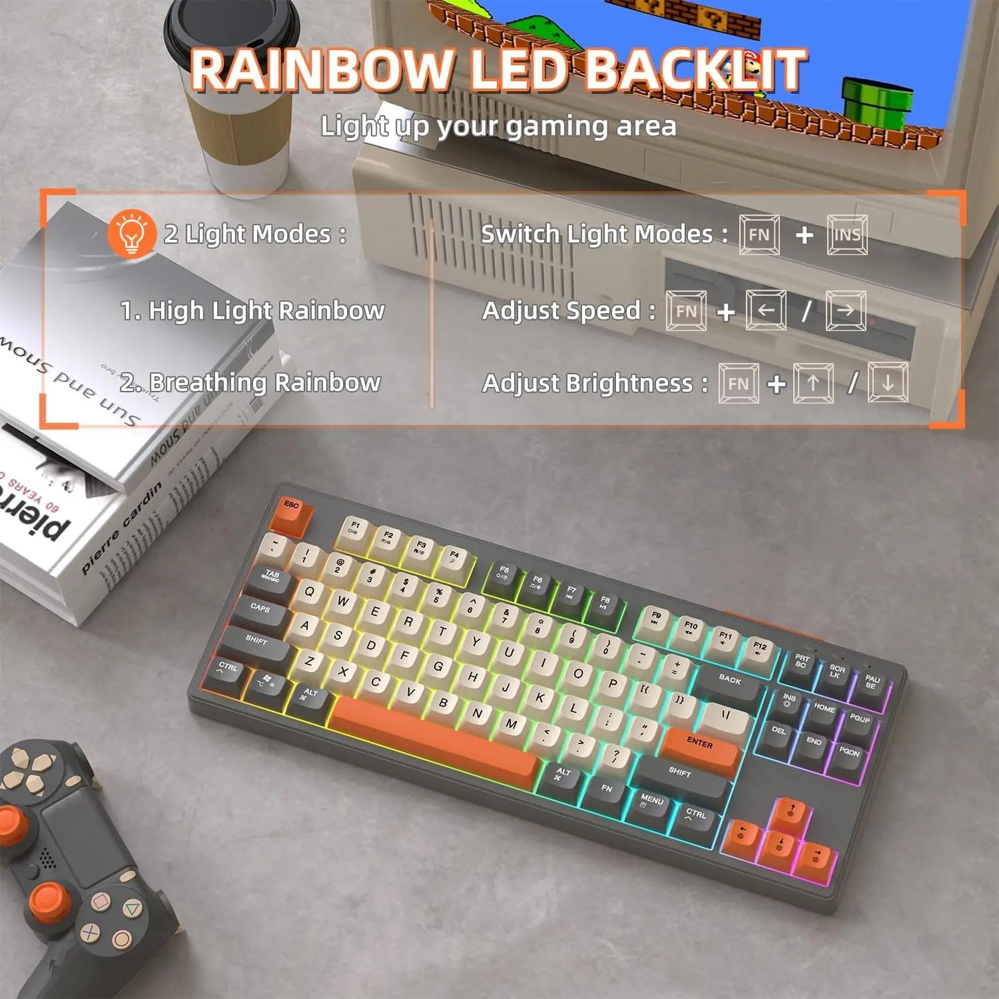 M87 Wireless Gaming Keyboard, Bluetooth 5.0/2.4GHz with Dual Mode 2-in-1 Receiver, 87 Keys TKL Rainbow LED Backlit Quiet Keyboard Multiple Flavors