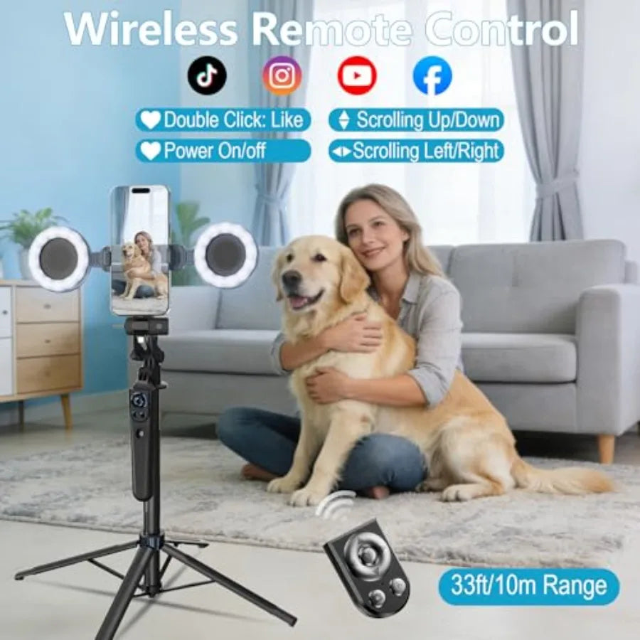 71" Content Creator Essentials Vlogging Kit - 2 Lights and 2 Mics 360° Rotating Auto Face Tracking Tripod for iPhone/Android/Ca