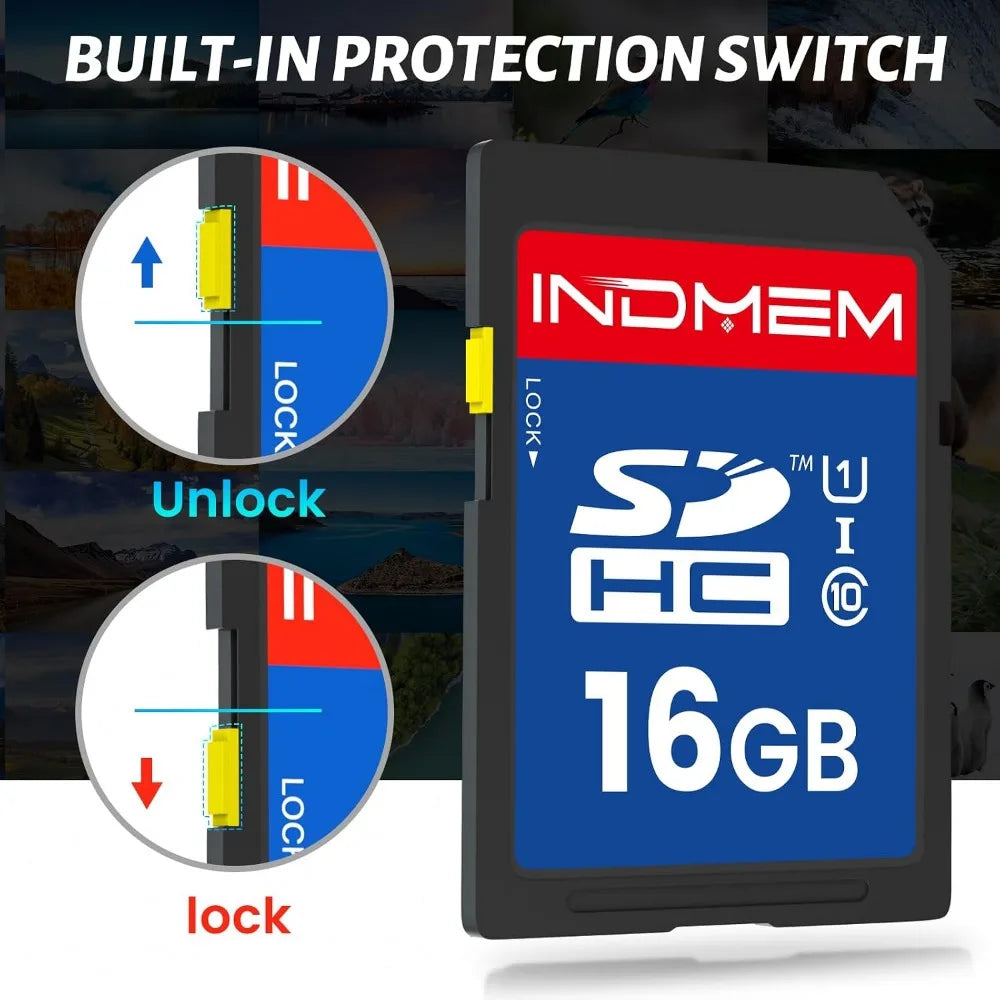 SD card 16GB with blue label, red INDMEM branding, UHS-I Class 10 lock switch on side.