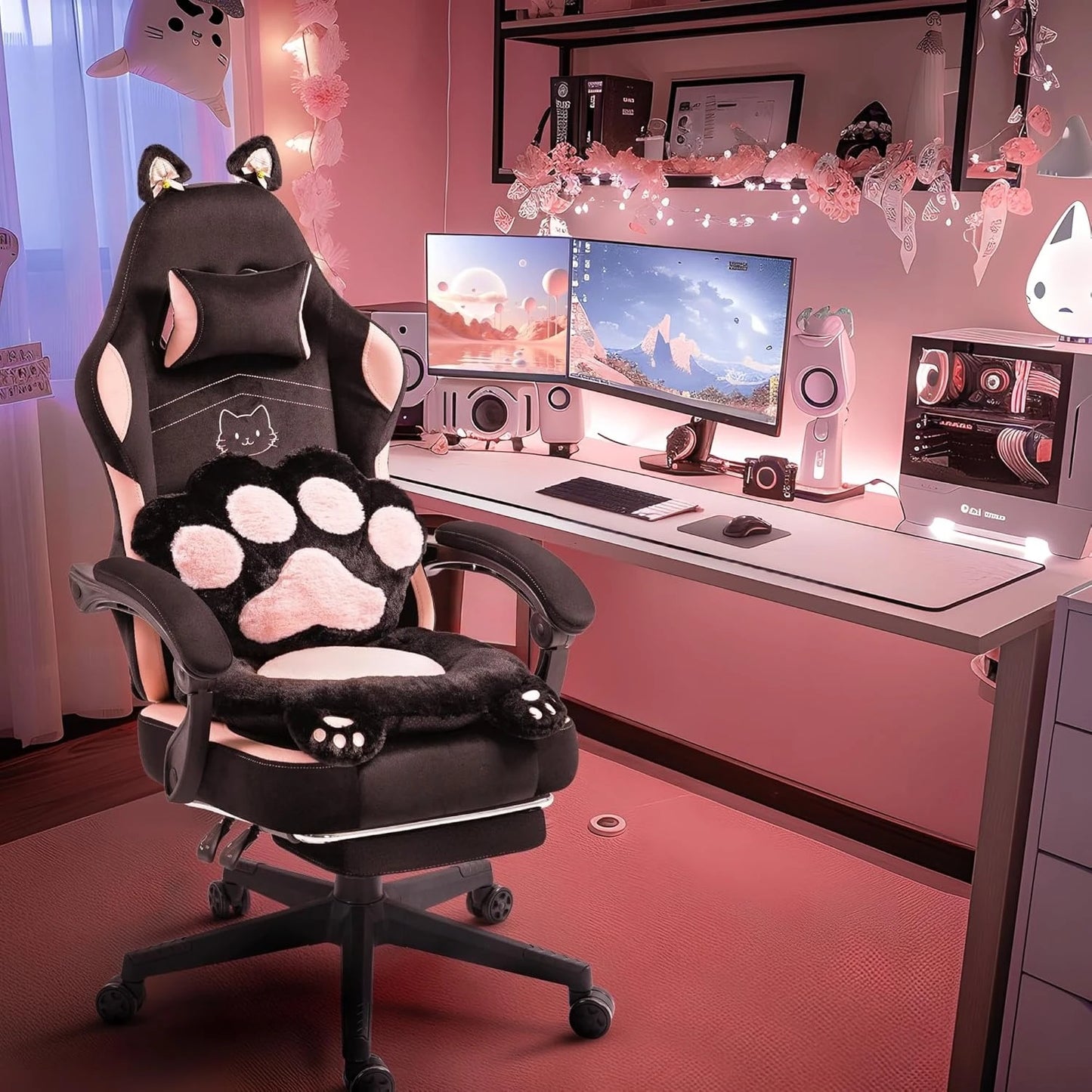 Pink Cute Gaming Chair with Cat Ears & Paw Lumbar Cushion, Ergonomic Reclining Computer Chair with Footrest, Customized Multiple Colors