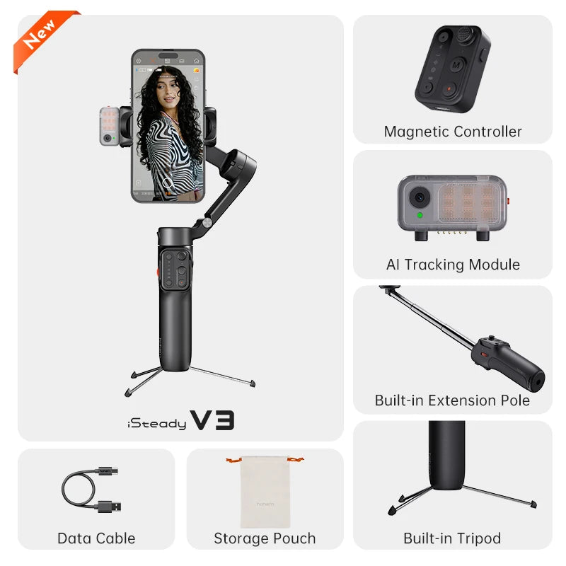 Hohem V3 Smartphone Stabilizer Ai Face Tracking 3-Axis Phone Gimbal Built-in Selfie Stick Portable for Shoot Video Vlog