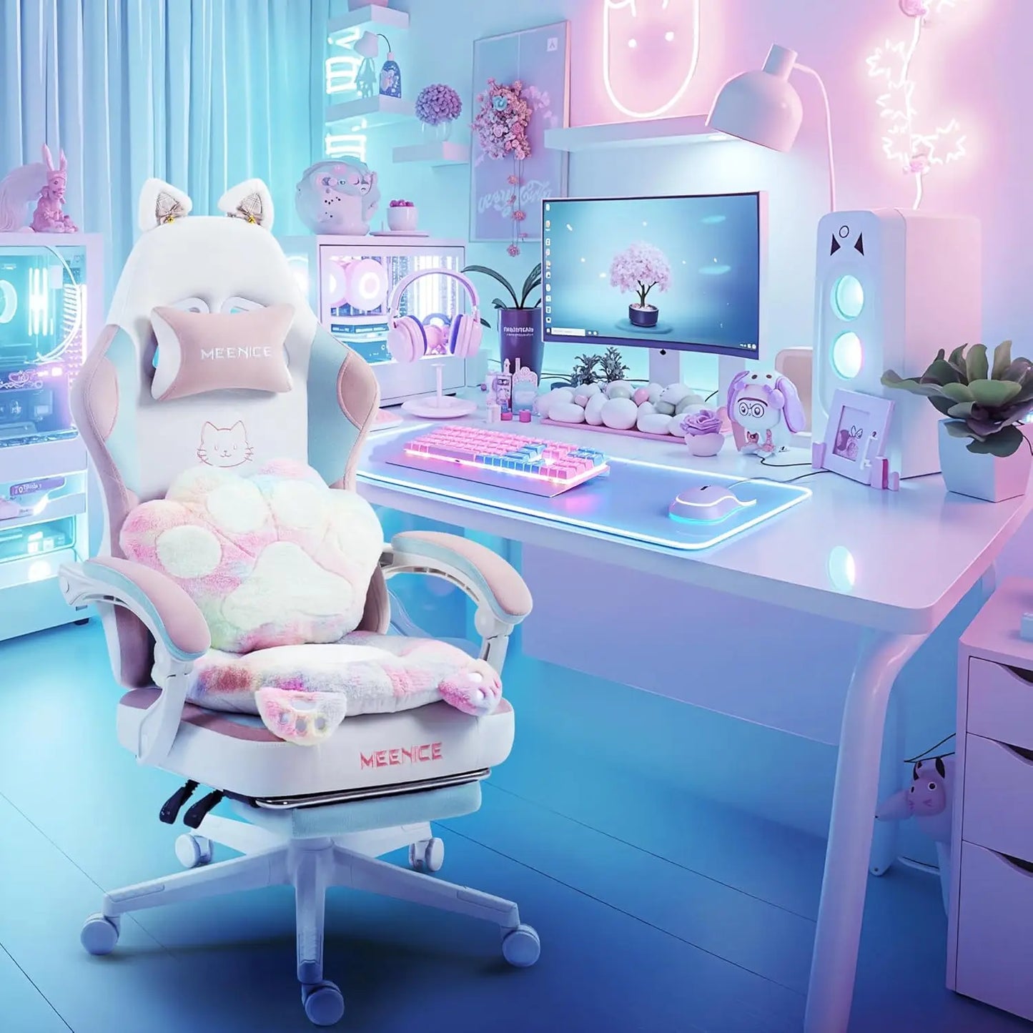 Pink Cute Gaming Chair with Cat Ears & Paw Lumbar Cushion, Ergonomic Reclining Computer Chair with Footrest, Customized Multiple Colors