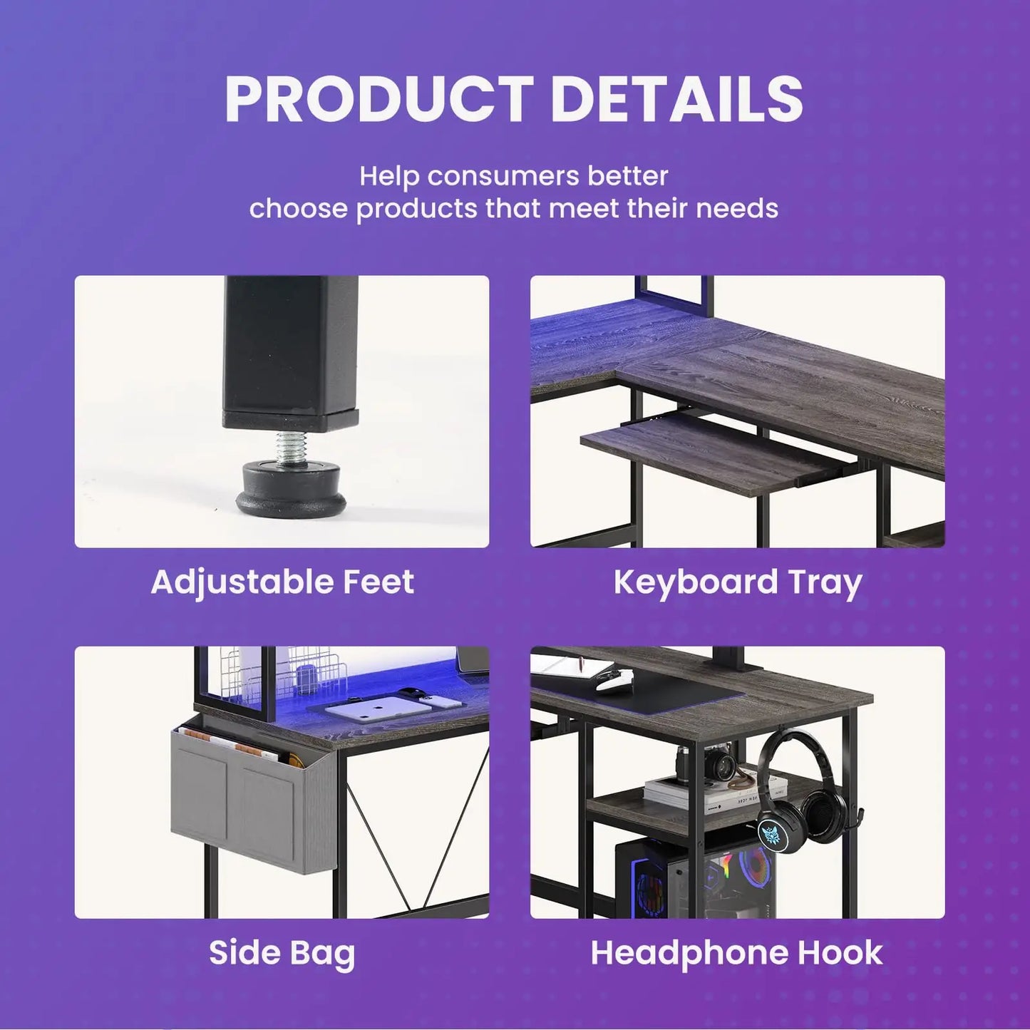 JHK 67in L-shaped gaming desk by Perfect Take Gear, with LED lighting, metal frame, keyboard tray, adjustable feet, side bag, headphone hook.