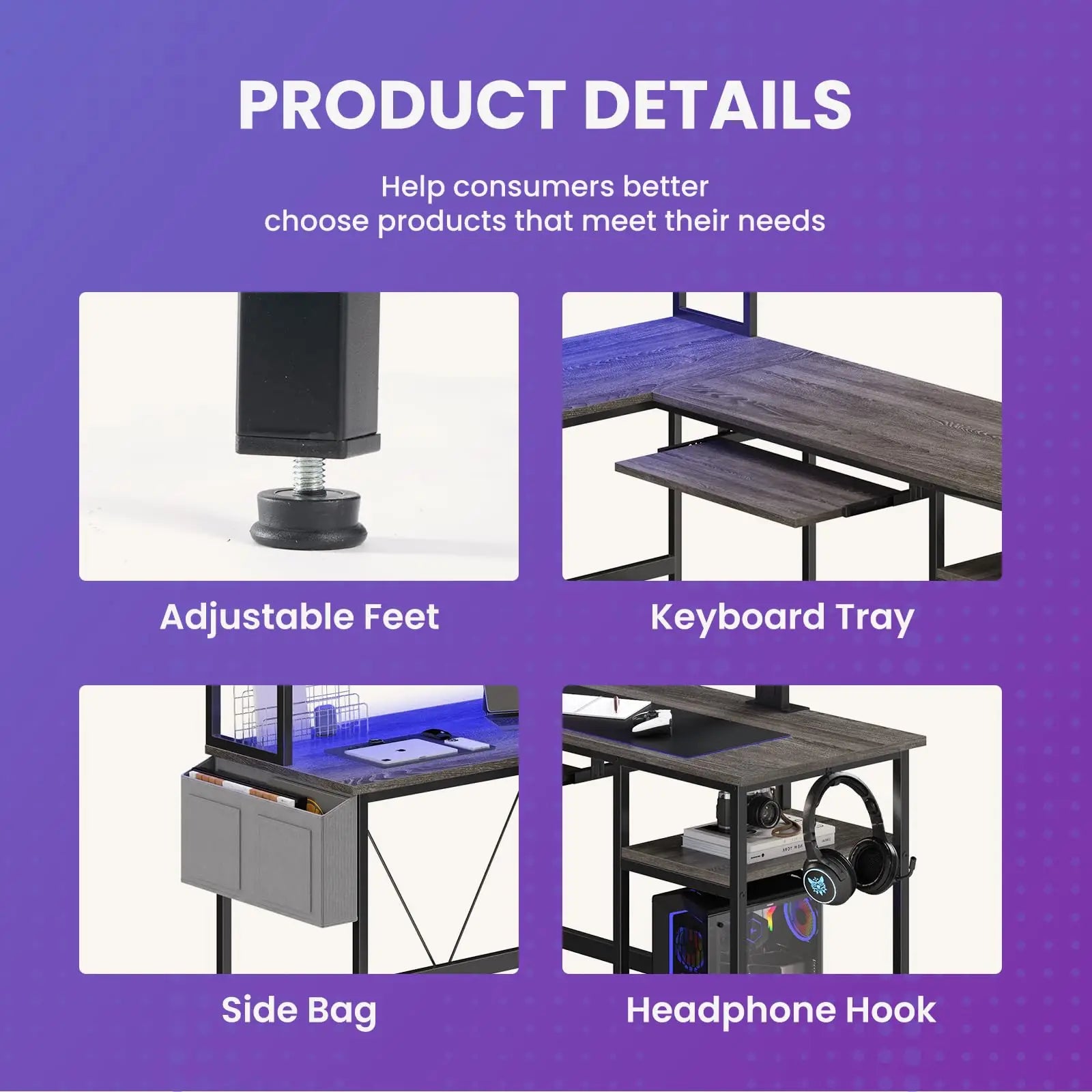 JHK 67in L-shaped gaming desk by Perfect Take Gear, with LED lighting, metal frame, keyboard tray, adjustable feet, side bag, headphone hook.