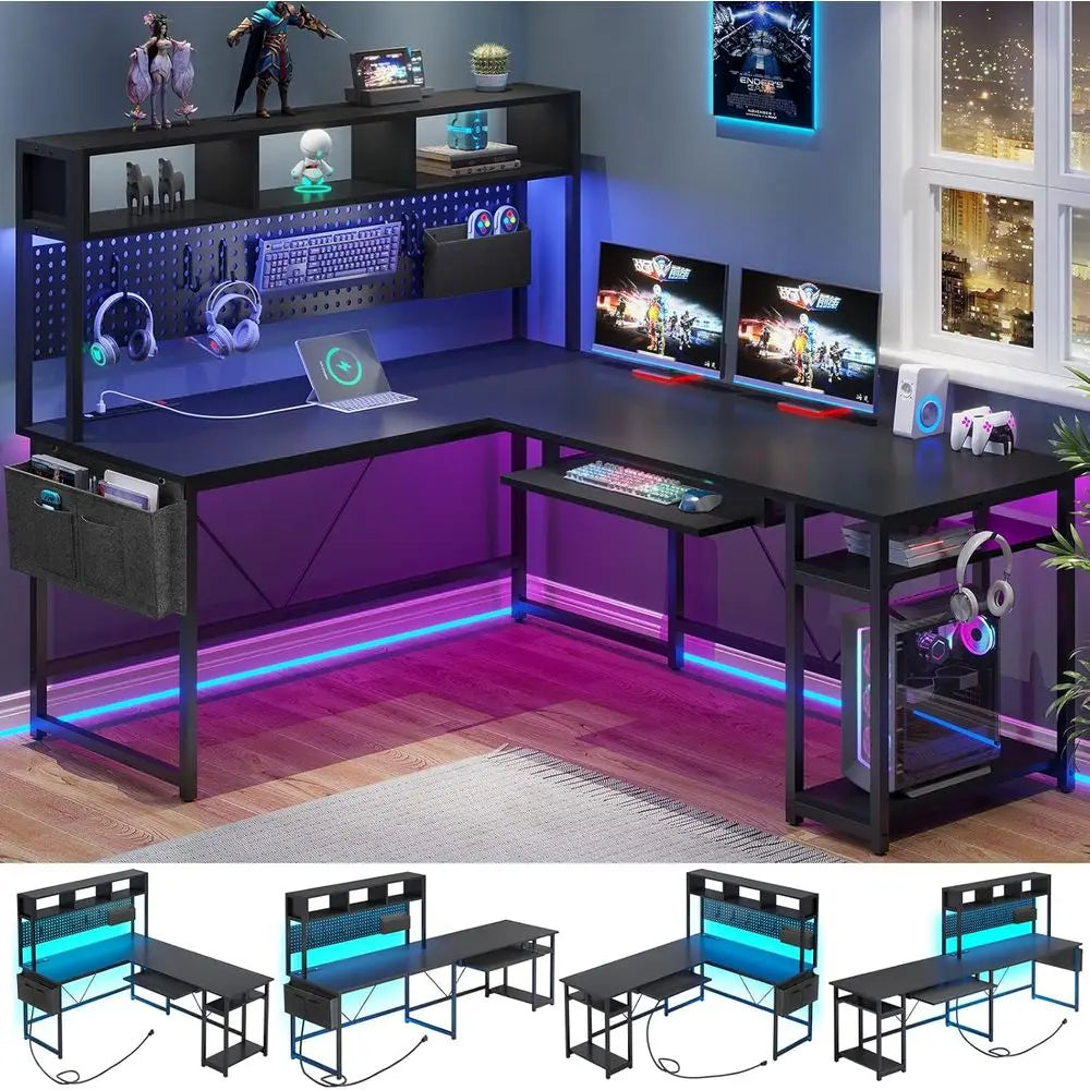 Black L-Shaped Gaming Desk with Reversible Surface, Power Outlet, LED Lights, and Storage Solutions