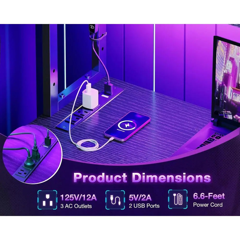 53 L-Shaped Gaming Desk with LED, Reversible, Power Outlets, Storage, Black