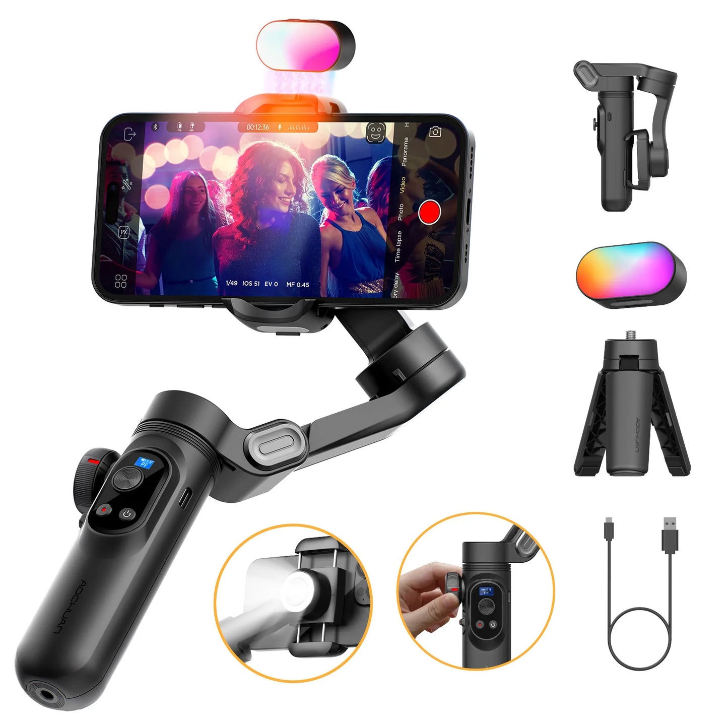 Aochuan 3 Axis Smart XPro Handheld Gimbal Stabilizer For IPhone And Android Smartphone Gimbal Stabilizer With RGB Fill Light