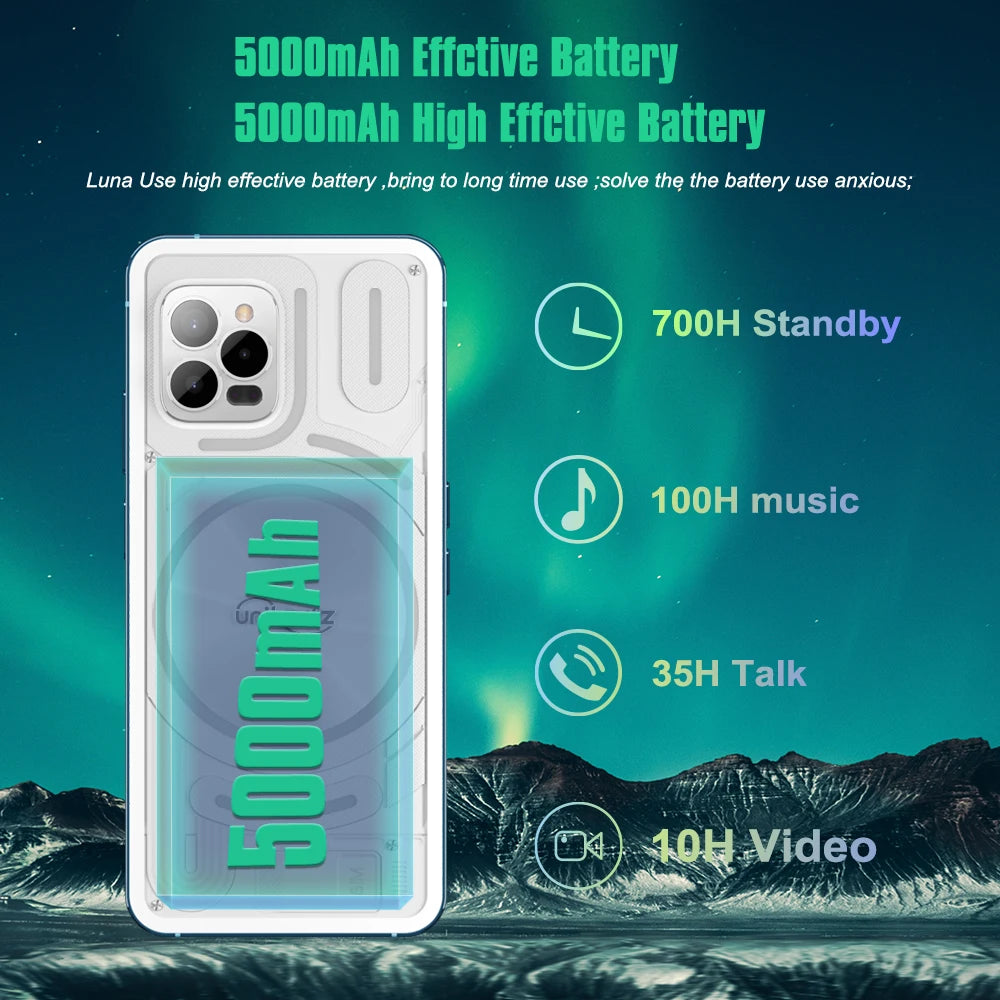 Unihertz Luna Smartphone Rhythm Ambient LED strip Music Phone 8GB RAM 256GB ROM 108MP G99 Mobile Phone Night Vision Cellphone
 4G Android smartphone featuring a transparent back with RGB "Loop Breathing Light" LED strips that
