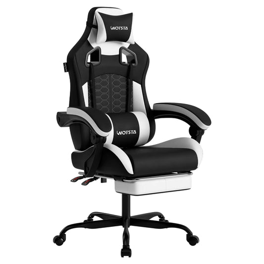 WOTSTA Gaming Chair with Footrest, Lumbar Support, Adjustable Height, Swivel Seat, Headrest, Multiple Colors. For Office or Gaming