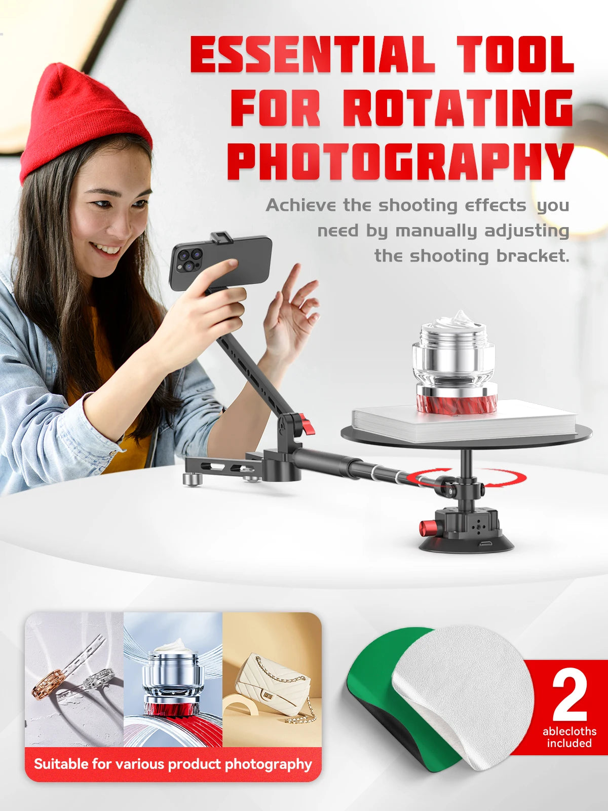 360° Panoramic Shooting Stand Rotating Photography Turntable with Telescopic Arm & Suction Cup Base for Product Video Shooting
