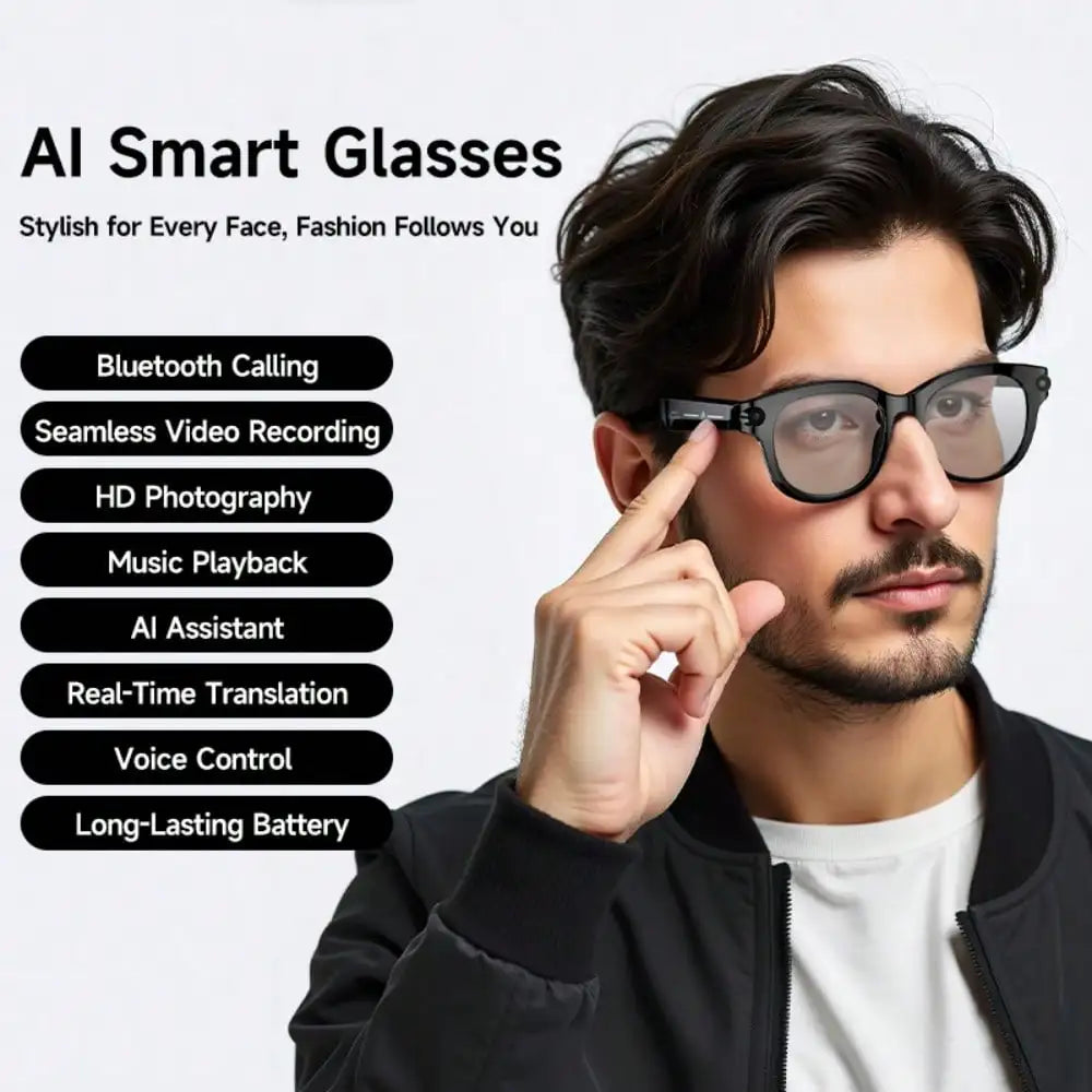 SENBONO New AI Smart Glasses for Men Women 2MP HD Camera 1080P 4K Video AI Voice Assistant Translator Music Playback Sunglasses