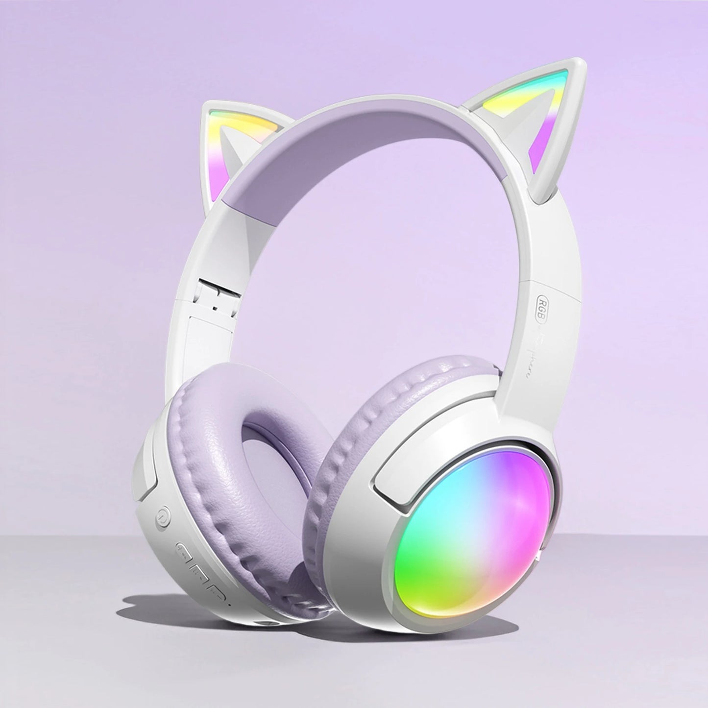 Cute Cat Ear RGB Wireless Headphones, Bluetooth 5.4, 350mAh Battery, 20H Playtime, Foldable Over-Ear Headset with Mic, HiFi Sound Multiple Colors