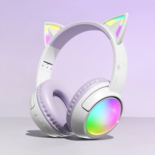 Cute Cat Ear RGB Wireless Headphones, Bluetooth 5.4, 350mAh Battery, 20H Playtime, Foldable Over-Ear Headset with Mic, HiFi Sound Multiple Colors