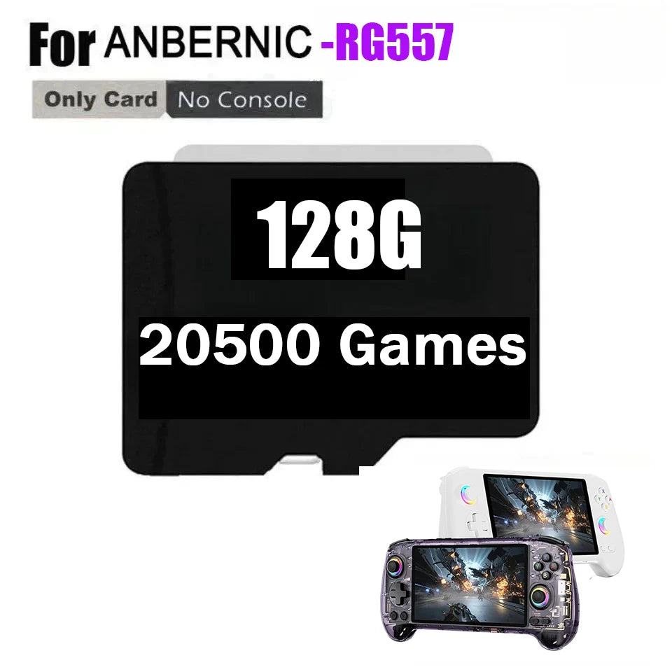 Anbernic RG557 TF memory card 128G labeled 20500 Games, shown with two handheld consoles.