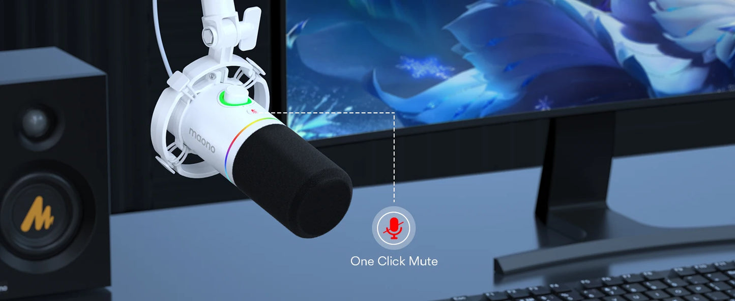 Maono PD200X dynamic RGB gaming microphone with USB/XLR dual mode, white body, rainbow RGB ring and foam windscreen.