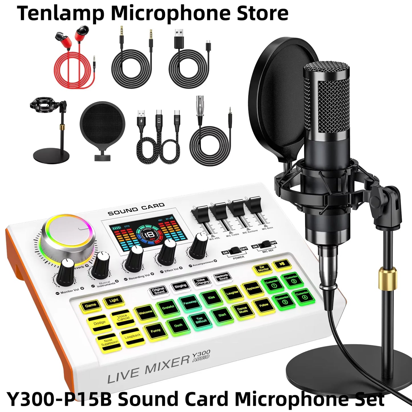 Tenlamp Podcast Equipment Bundle Kit for 4 People Profesional Studio Sound Board with 3.5mm Condenser Microphone(Y300-P15B) for Pc/Phone，Live Sound Card Full Set Voice Changer Mobile Audio Mixer With Bluetooth