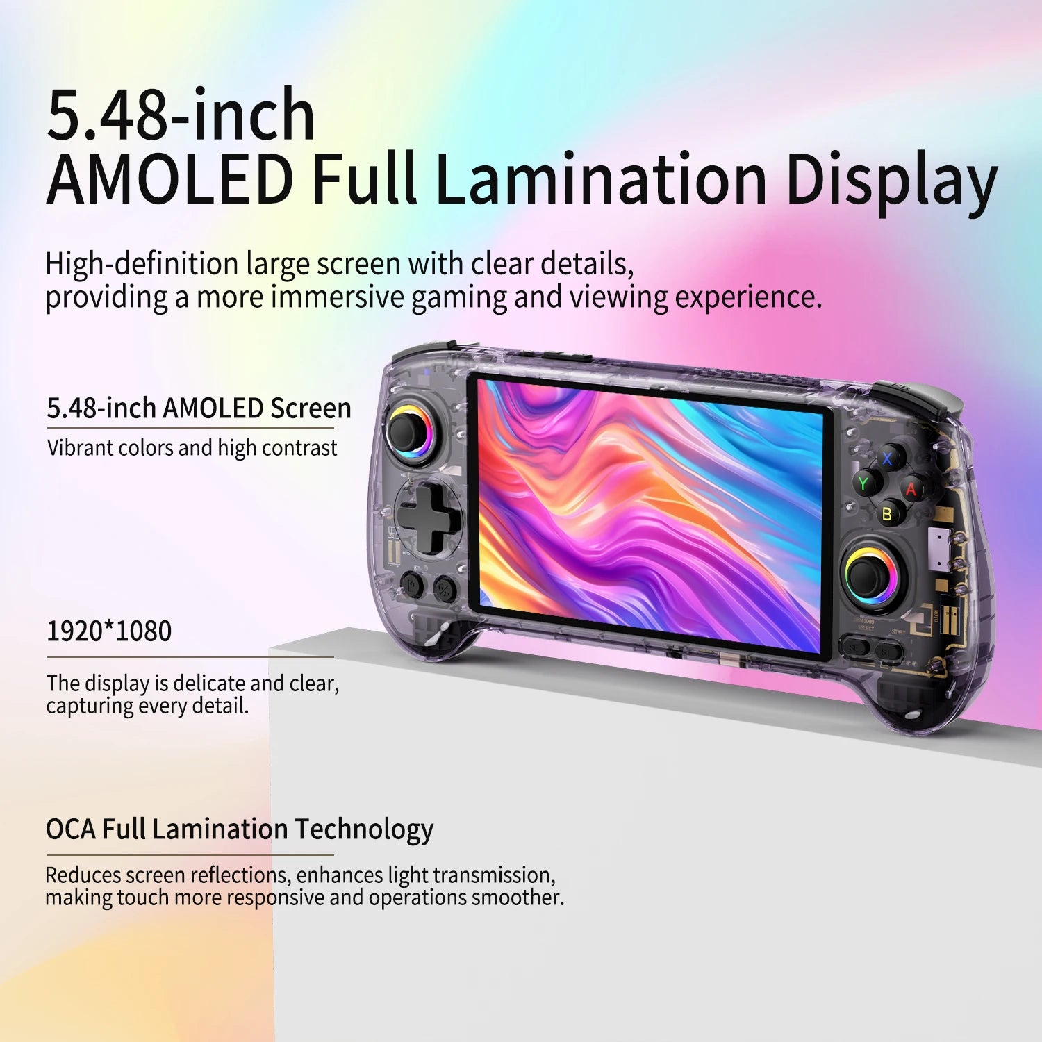 Anbernic RG557 handheld retro game console with transparent shell and 5.48-inch AMOLED display
