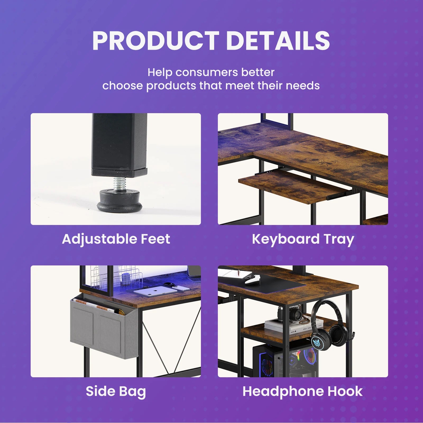 JHK 67in L-shaped gaming desk by Perfect Take Gear with adjustable feet and keyboard tray