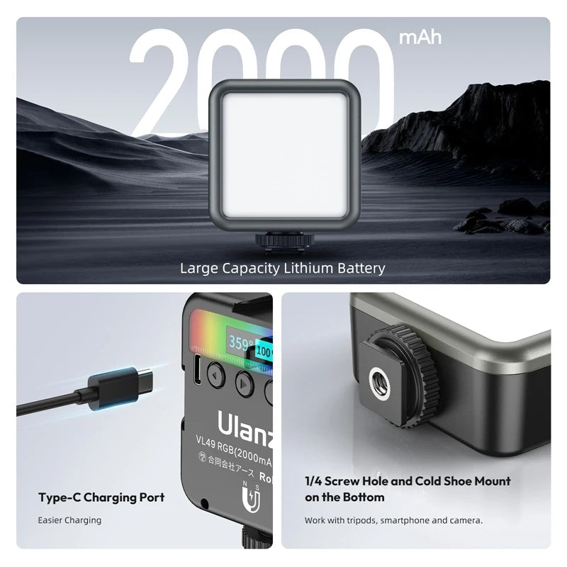Ulanzi VL49 RGB Mini LED Video Light 2000mAh 2500K-9000K Portable Photography Lights Vlog Fill Light for DSLR SLR Camera Lamp