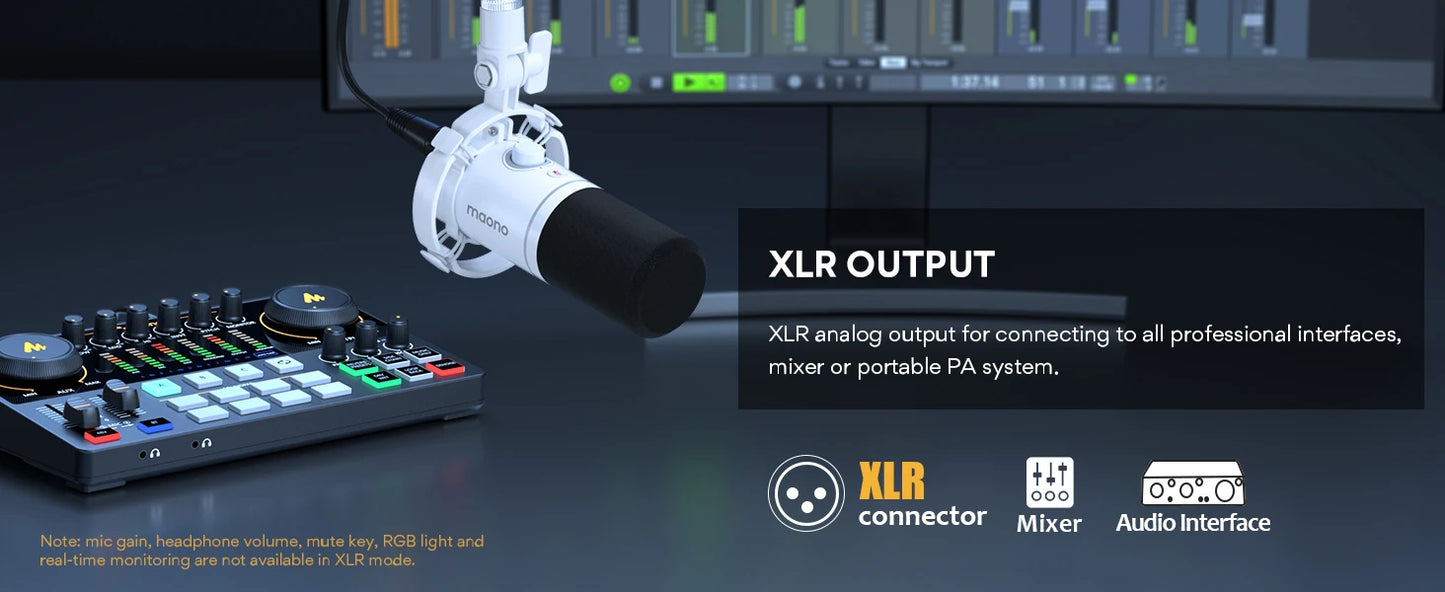 Maono PD200X white dynamic RGB gaming microphone with USB/XLR dual mode beside a compact mixer with colored knobs
