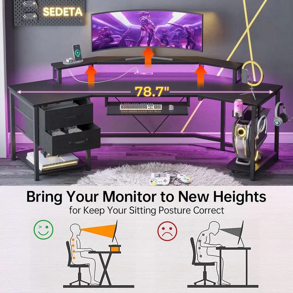 79 Inch L Shaped Gaming Desk With Carbon Fiber Top And Led Lights
