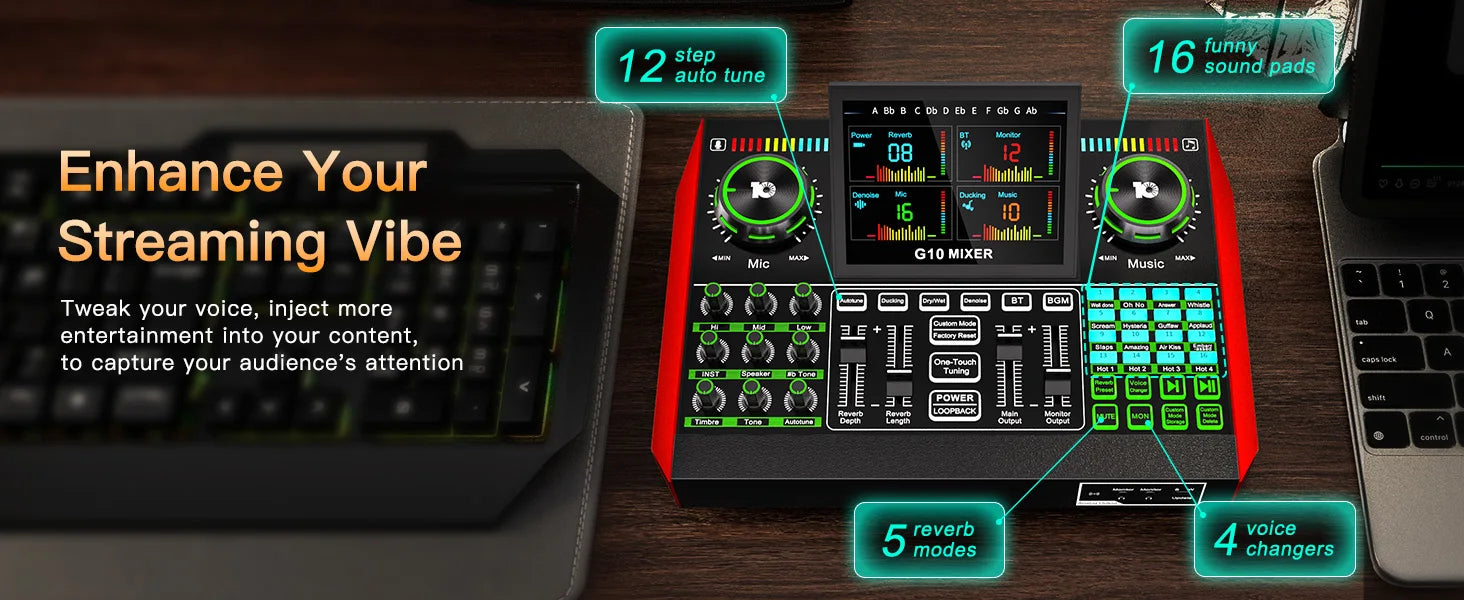 G10 portable audio mixer bundle with red chassis and neon-lit controls for podcasting