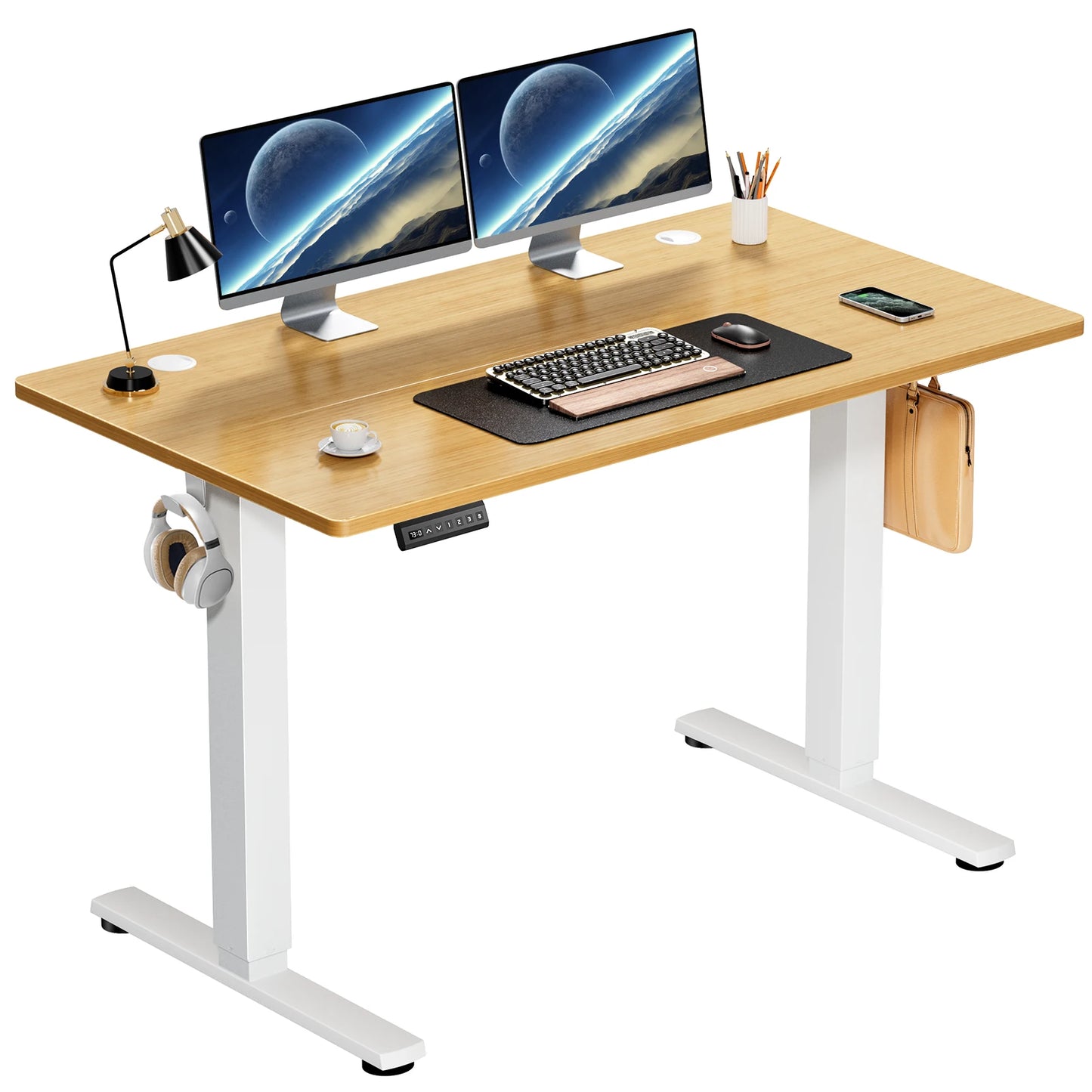 JHK electric standing desk with wooden top and dual monitor setup on a white steel frame