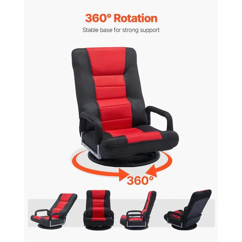 Swivel Floor Gaming Chair with Armrests, 360-Degree Rotating Floor Chair with 6 Adjustable Position Folding Backrest and Lumbar Support, Folding Video Reclining Sofa for TV Reading, Red Black