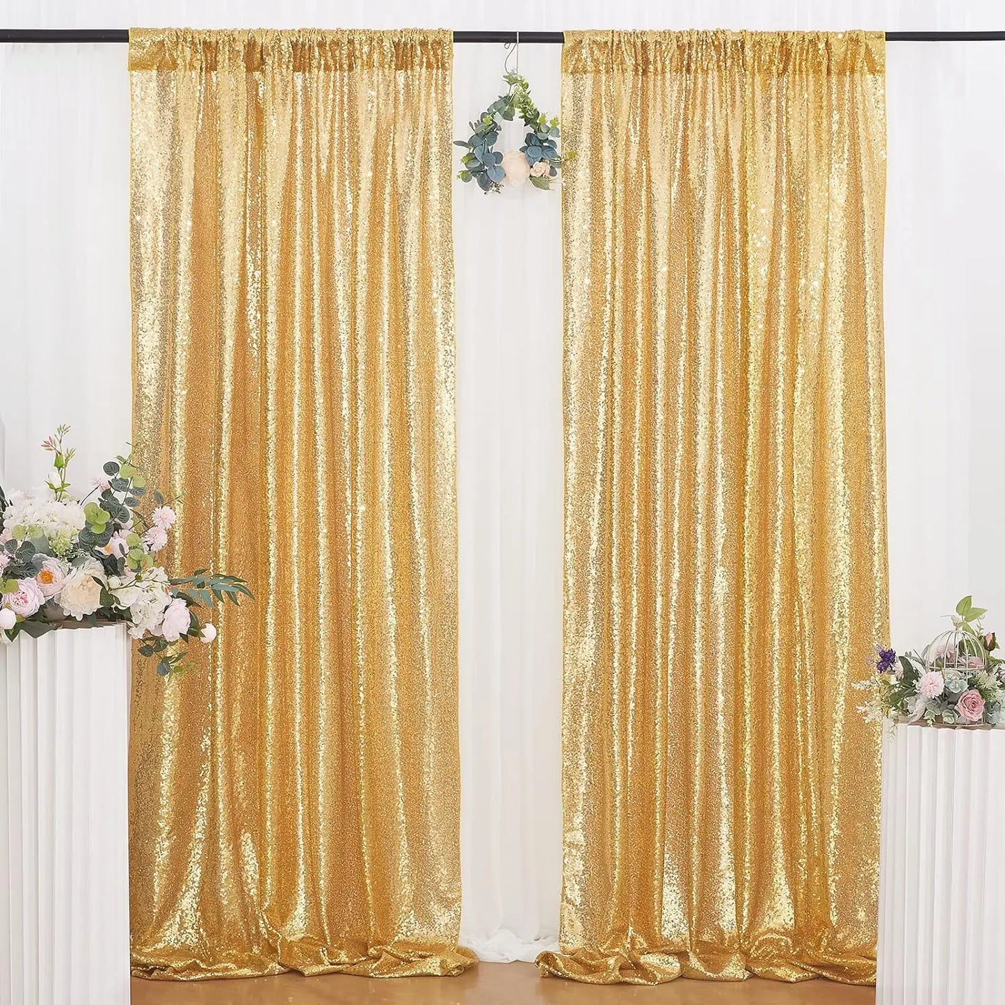 2×8FT-4PCS Gold Sequin Backdrop Curtains Panels, Photography Backdrop Glitter Curtains Fabric Background