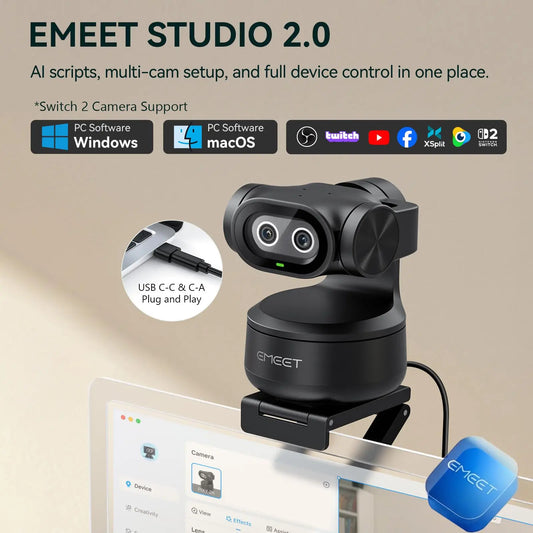 EMEET PIXY 2K webcam with dual lenses and AI tracking, black, mounted on monitor for streaming