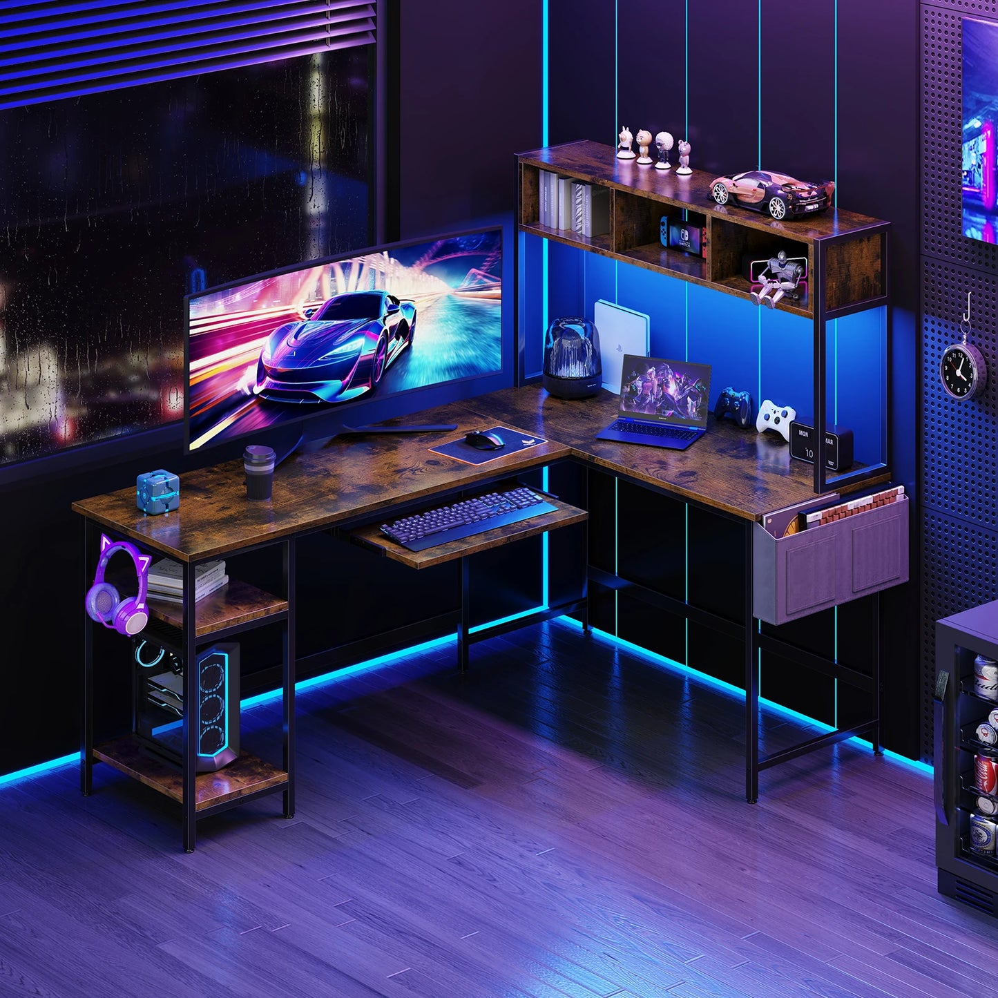 JHK 67in L-shaped gaming desk with LED lighting, wood top, black metal frame, keyboard tray and storage shelf