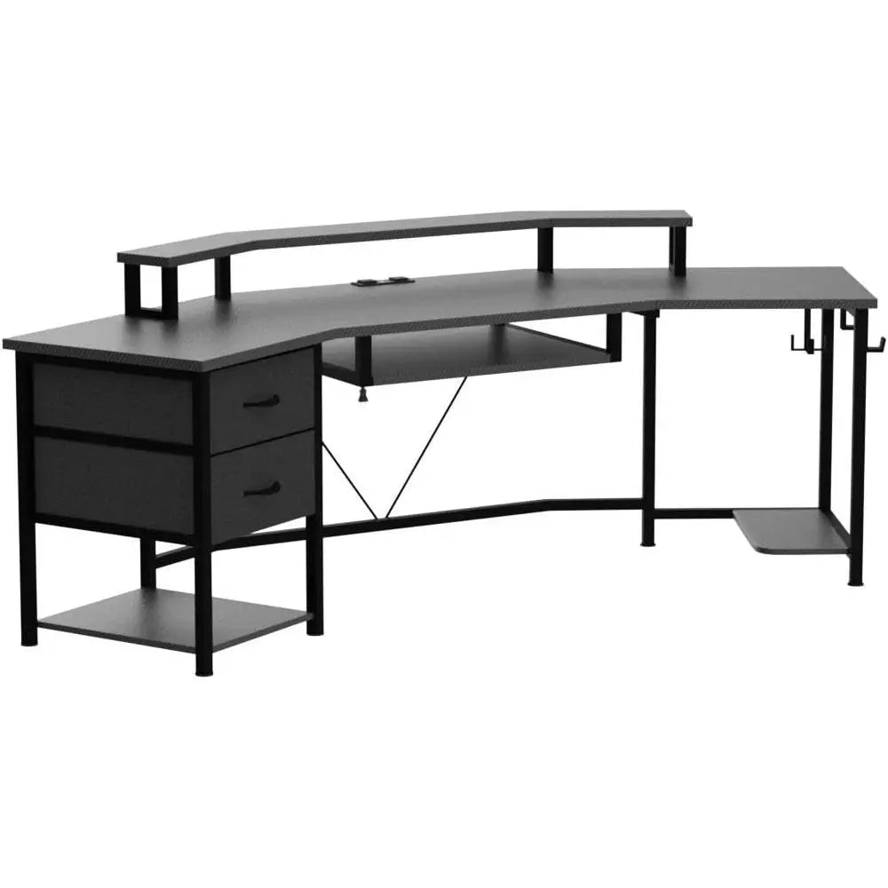 79 Inch L Shaped Gaming Desk With Carbon Fiber Top And Led Lights