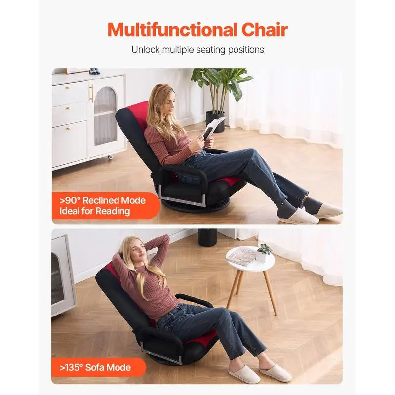 Swivel Floor Gaming Chair with Armrests, 360-Degree Rotating Floor Chair with 6 Adjustable Position Folding Backrest and Lumbar Support, Folding Video Reclining Sofa for TV Reading, Red Black