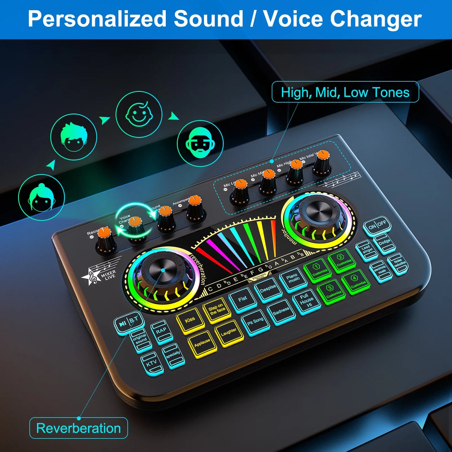 NXG Audio Mixer, Voice Changer, Noise Reduction, Lead Vocal Podcast Mixer Sound Card, 3.5Mm/6.35Mm Dynamic Microphone Audio Interface, for Pc/Phone Live Streaming Gaming Live Sound Card (Black)